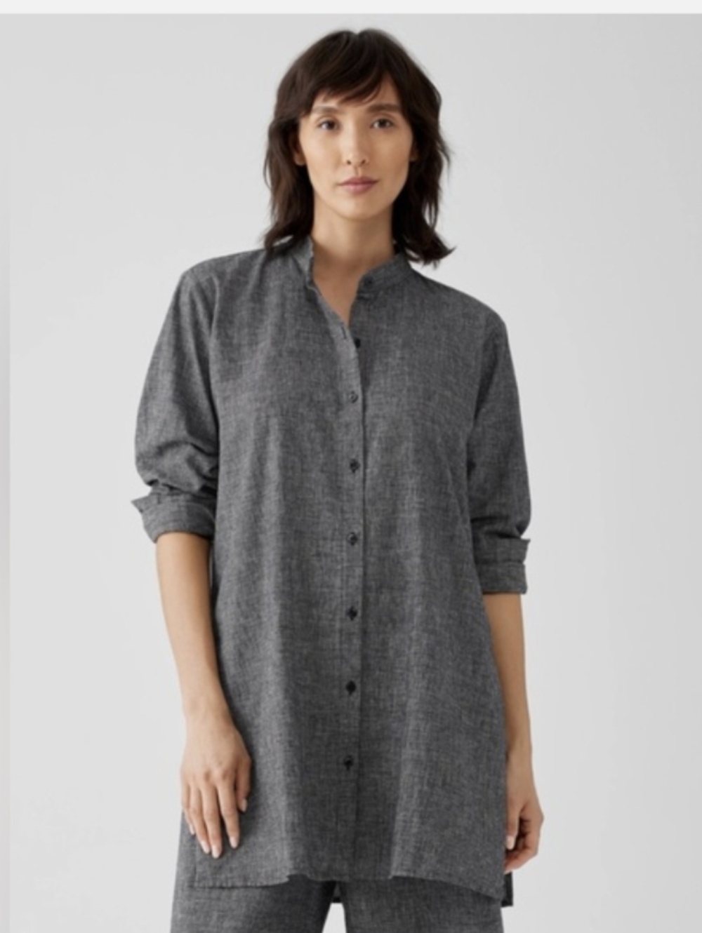 Eileen Fisher Hemp Organic Cotton Grid Long Shirt Mandarin Collar Small